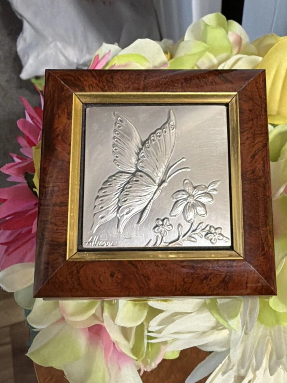 Alliani Handcrafted Solid Wood Box With .925 Sterling Silver Embossed Butterfly